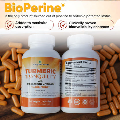 Turmeric Tranquility Turmeric Curcumin & Magnesium Glycinate with BioPerine – Support for Stress Relief, Sleep, Heart Health, Muscles, Metabolism, and Joint Health* - High Absorption - 90 Capsules (1) - dailyvitalstore