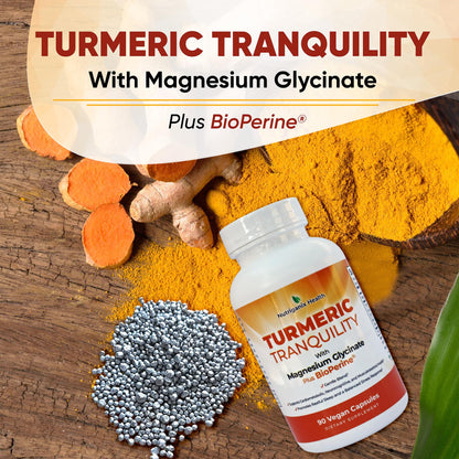 Turmeric Tranquility Turmeric Curcumin & Magnesium Glycinate with BioPerine – Support for Stress Relief, Sleep, Heart Health, Muscles, Metabolism, and Joint Health* - High Absorption - 90 Capsules (1) - dailyvitalstore