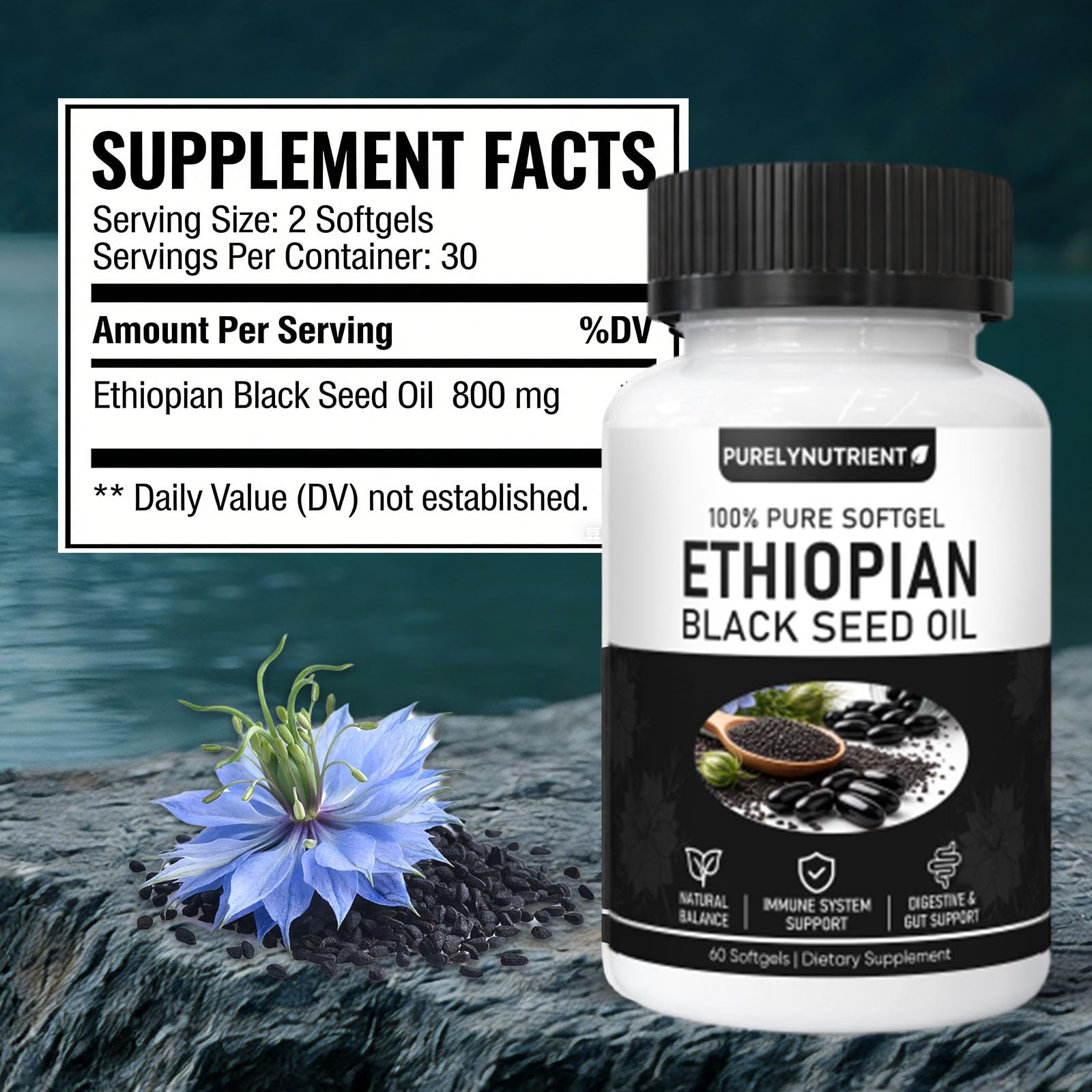 TUVAAZ PURELYNUTRIENT Ethiopian Black Seed Oil Capsules with 4.64% Thymoquinone, Immune Support & Digestion & Energy Booster - dailyvitalstore