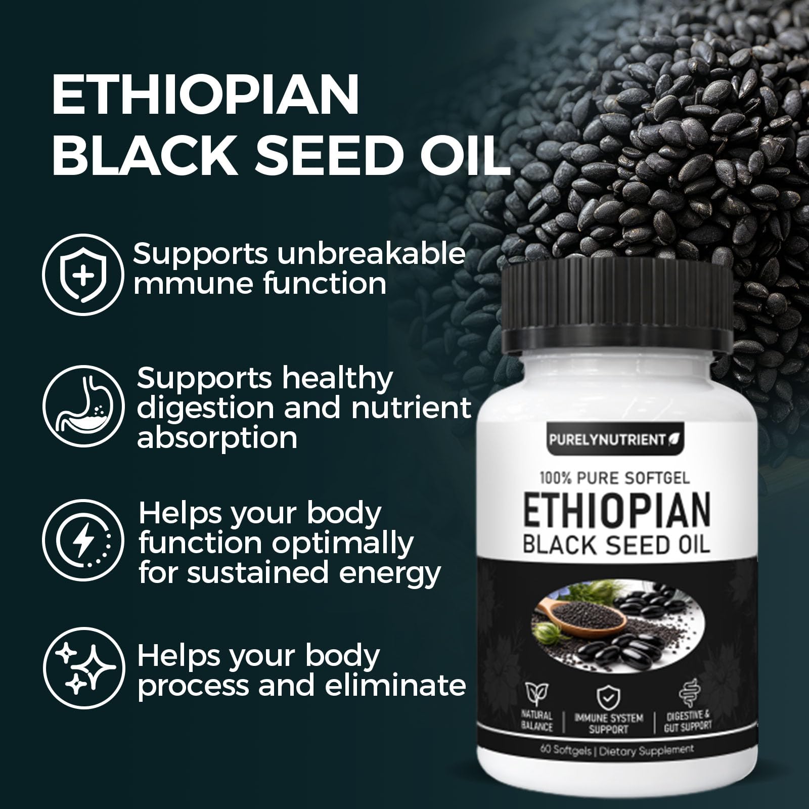 TUVAAZ PURELYNUTRIENT Ethiopian Black Seed Oil Capsules with 4.64% Thymoquinone, Immune Support & Digestion & Energy Booster - dailyvitalstore