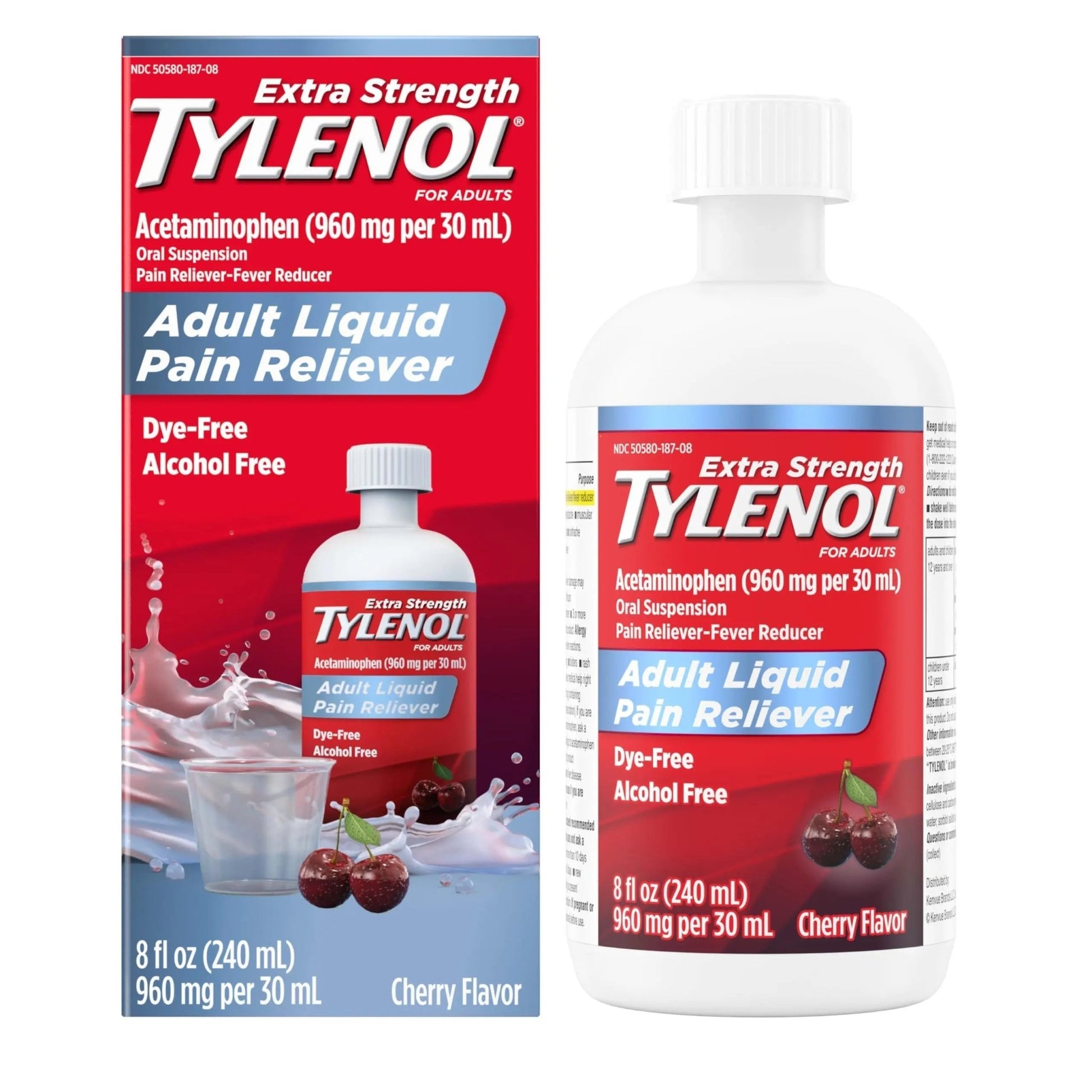 Tylenol Adult Liquid Pain Reliever and Fever Reducer, Extra Strength Liquid Acetaminophen for Fast Pain Relief for Headaches & Other Minor Pain, Cherry Flavor, Dye & Alcohol Free, 8 fl. oz - dailyvitalstore
