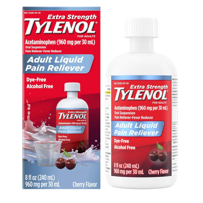 Tylenol Adult Liquid Pain Reliever and Fever Reducer, Extra Strength Liquid Acetaminophen for Fast Pain Relief for Headaches & Other Minor Pain, Cherry Flavor, Dye & Alcohol Free, 8 fl. oz - dailyvitalstore