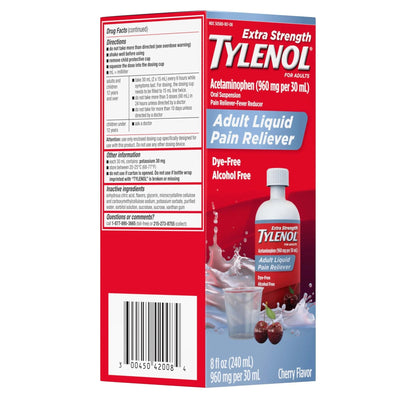 Tylenol Adult Liquid Pain Reliever and Fever Reducer, Extra Strength Liquid Acetaminophen for Fast Pain Relief for Headaches & Other Minor Pain, Cherry Flavor, Dye & Alcohol Free, 8 fl. oz - dailyvitalstore