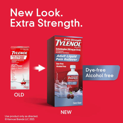 Tylenol Adult Liquid Pain Reliever and Fever Reducer, Extra Strength Liquid Acetaminophen for Fast Pain Relief for Headaches & Other Minor Pain, Cherry Flavor, Dye & Alcohol Free, 8 fl. oz - dailyvitalstore