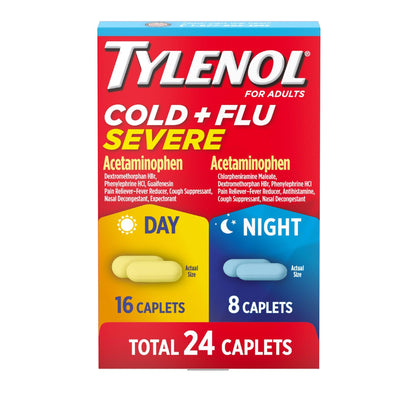 Tylenol Cold + Flu Severe Day & Night Caplets Combo Pack for Multi-Symptom Cold & Flu Symptom Relief, Cough, Sore Throat, and Headache Relief, Acetaminophen Pain Reliever, 24 ct - dailyvitalstore