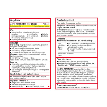 Tylenol Extra Strength Acetaminophen Rapid Release Gels, Fast, Strong Pain Relief, Fever Reducer, 500 mg Gelcaps with Laser‑Drilled Holes for Fast Release, OTC Medicine, 100 Count - dailyvitalstore