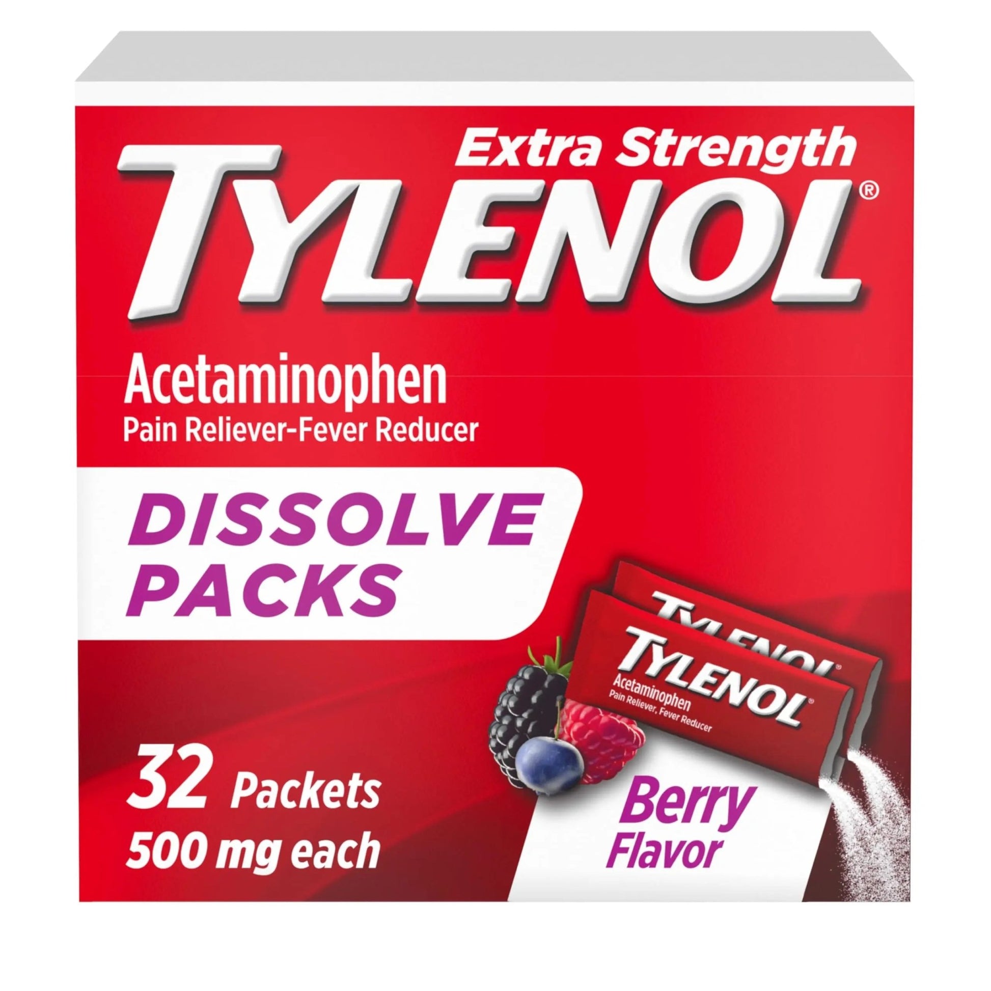 Tylenol Extra Strength Dissolve Powder Packs, 500 mg Acetaminophen Pain Reliever & Fever Reducer Medicine, Fast Relief for Minor Aches & Pains, Ibuprofen- & Aspirin-Free, On-the-Go Berry Flavor, 32 Ct - dailyvitalstore