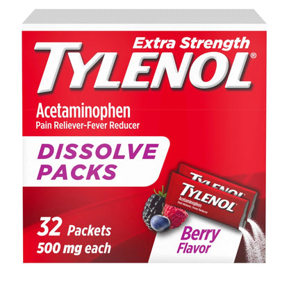 Tylenol Extra Strength Dissolve Powder Packs, 500 mg Acetaminophen Pain Reliever & Fever Reducer Medicine, Fast Relief for Minor Aches & Pains, Ibuprofen- & Aspirin-Free, On-the-Go Berry Flavor, 32 Ct - dailyvitalstore