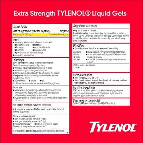 Tylenol Extra Strength Liquid Gels, Fast, Strong Pain Relief, Fever Reducer for Adults with 500 mg Acetaminophen, Fast-Acting Liquid Gel Capsules for Headaches & Minor Pain Relief, 40 Count - dailyvitalstore
