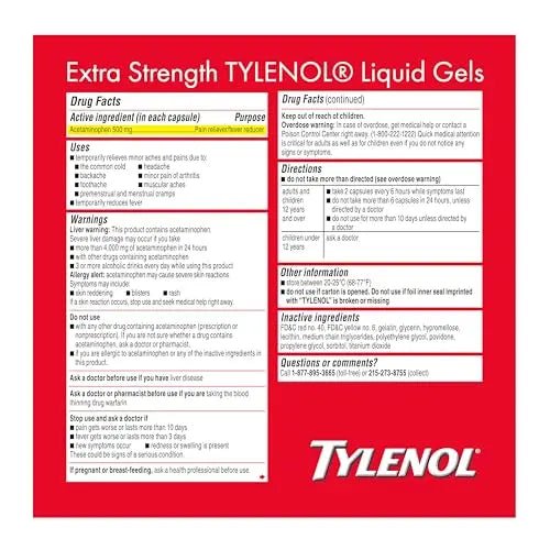 Tylenol Extra Strength Liquid Gels, Fast, Strong Pain Relief, Fever Reducer for Adults with 500 mg Acetaminophen, Fast-Acting Liquid Gel Capsules for Headaches & Minor Pain Relief, 75 Count - dailyvitalstore