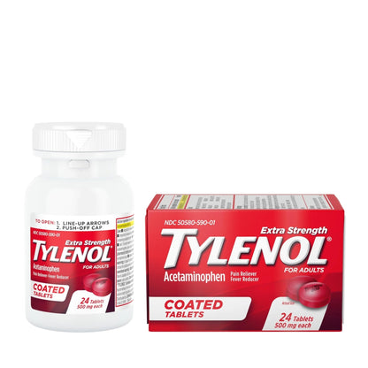 Tylenol Extra Strength Pain Reliever & Fever Reducer, Round Coated Tablets, 500 mg Acetaminophen Pain Relief Pills for Headache, Toothache & Minor Arthritis Pain, 24 ct - dailyvitalstore
