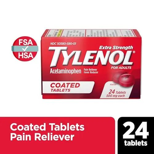 Tylenol Extra Strength Pain Reliever & Fever Reducer, Round Coated Tablets, 500 mg Acetaminophen Pain Relief Pills for Headache, Toothache & Minor Arthritis Pain, 24 ct - dailyvitalstore
