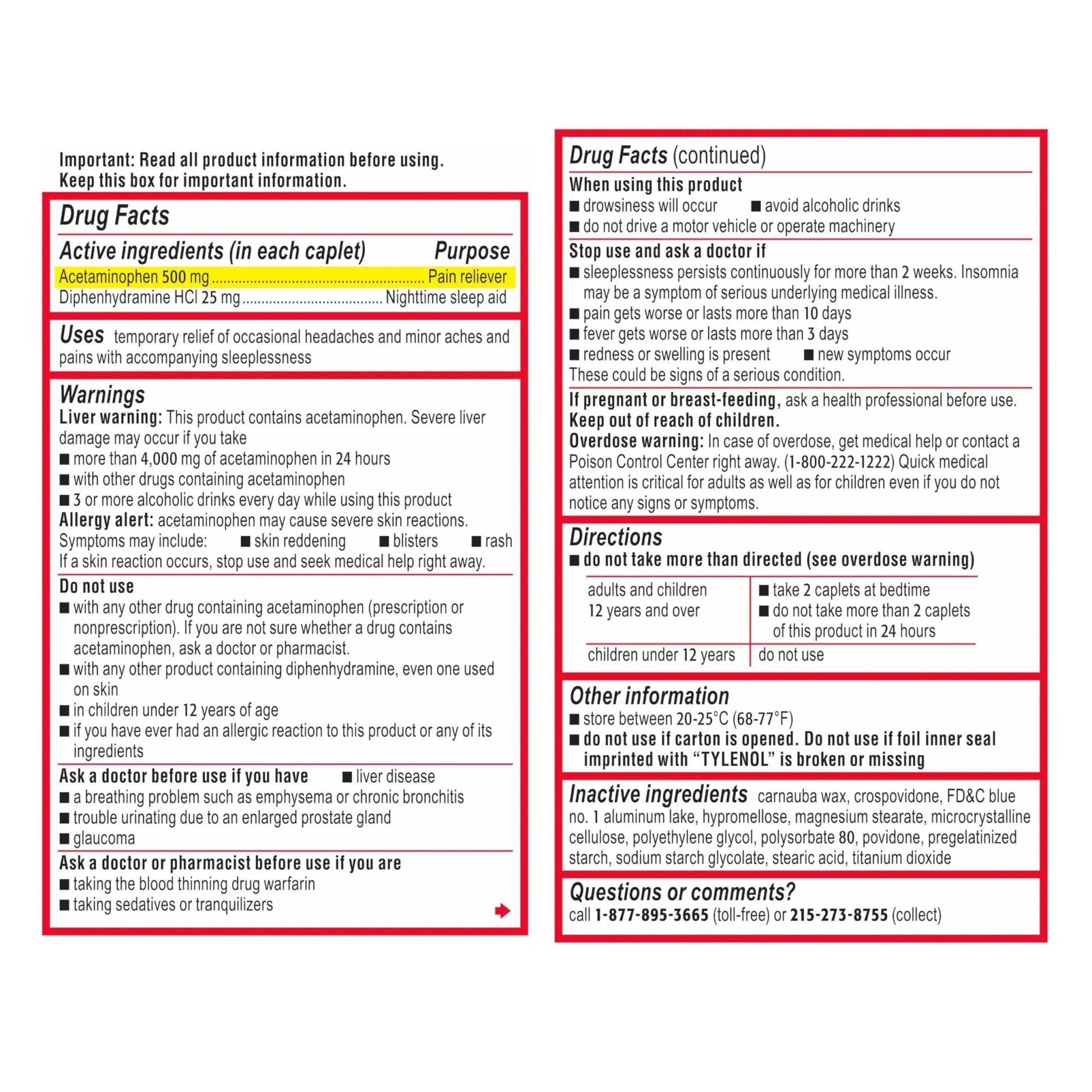 Tylenol PM Extra Strength Nighttime Pain Reliever & Sleep Aid Caplets, Fast, Strong Pain Relief, 500 mg Acetaminophen & 25 mg Diphenhydramine HCl, Non-Habit Forming Medicine for Aches & Cramps, 100 Ct - dailyvitalstore