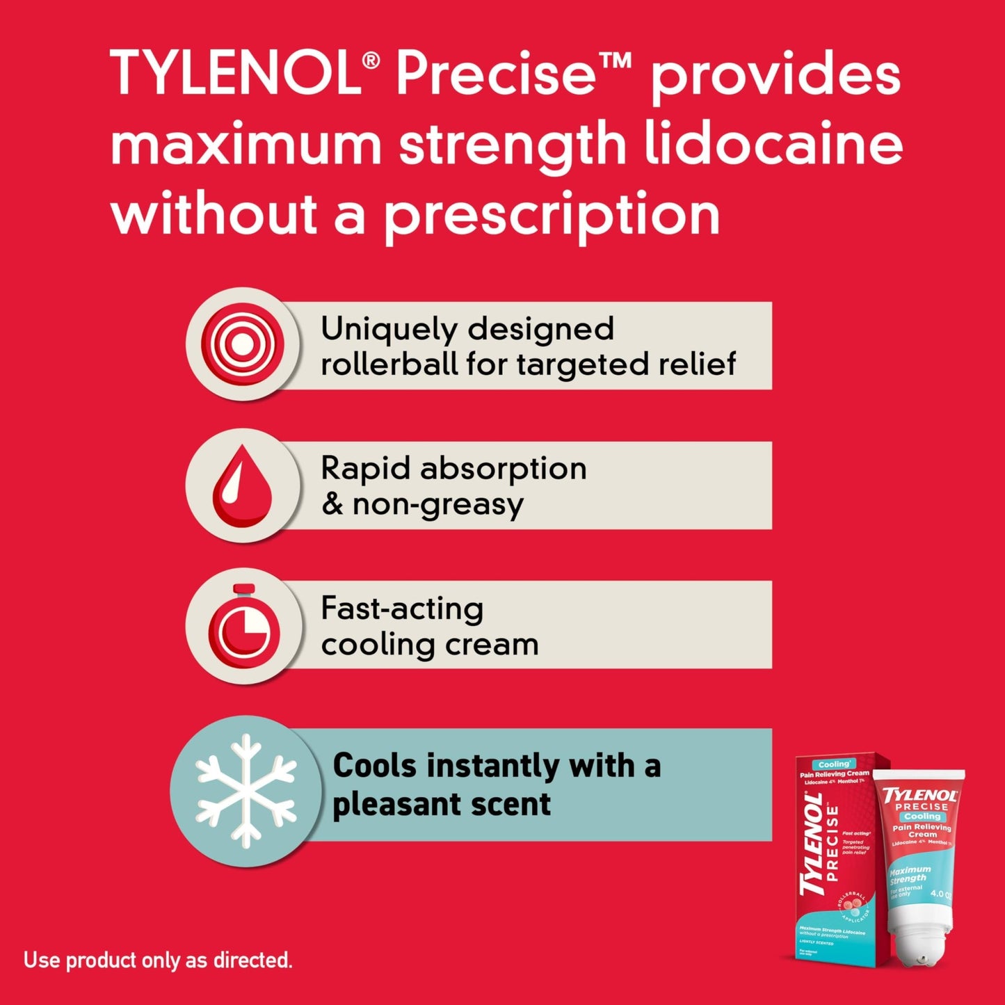 Tylenol Precise Cooling Cream, Strong Pain Relief with Fast-Acting Sensation, 4% Lidocaine, 1% Menthol, Maximum OTC Strength Relief for Back, Muscle & Joint, Numbing Cream Rollerball Applicator, 4 oz - dailyvitalstore