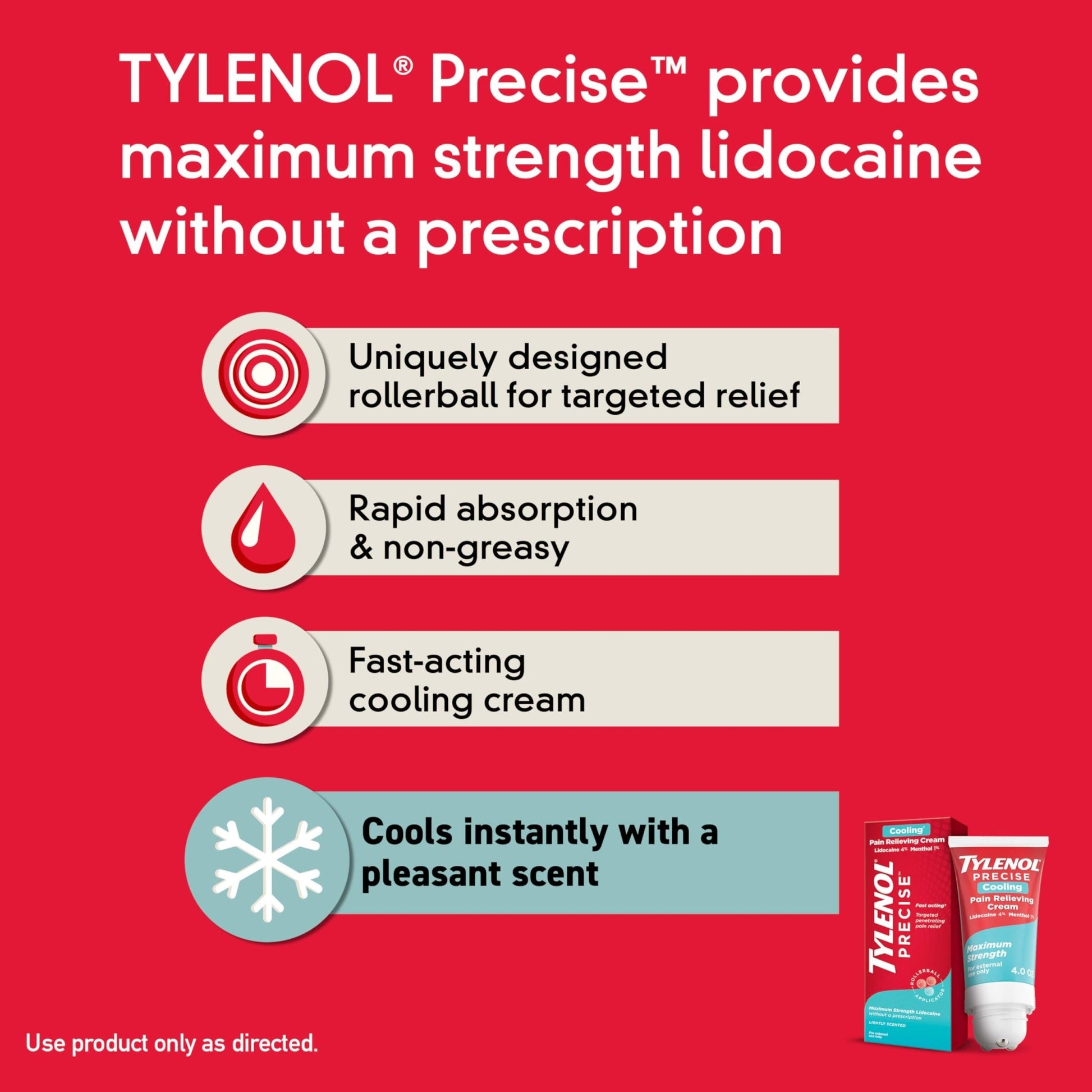Tylenol Precise Cooling Cream, Strong Pain Relief with Fast-Acting Sensation, 4% Lidocaine, 1% Menthol, Maximum OTC Strength Relief for Back, Muscle & Joint, Numbing Cream Rollerball Applicator, 4 oz - dailyvitalstore