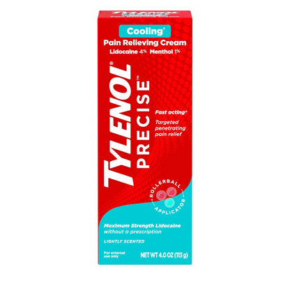 Tylenol Precise Cooling Cream, Strong Pain Relief with Fast-Acting Sensation, 4% Lidocaine, 1% Menthol, Maximum OTC Strength Relief for Back, Muscle & Joint, Numbing Cream Rollerball Applicator, 4 oz - dailyvitalstore