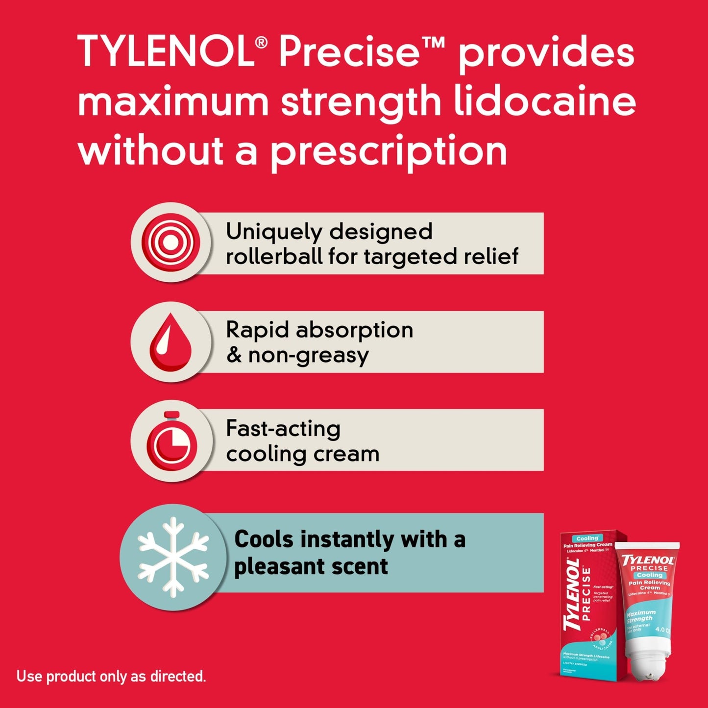 Tylenol Precise Cream, Cooling Sensation Pain Relief, Roll‑On, Lidocaine 4%, Menthol 1%, Targeted Maximum OTC Strength Combination for Back, Muscle and Joint, Numbing Cream Rollerball Applicator, 4 oz - dailyvitalstore