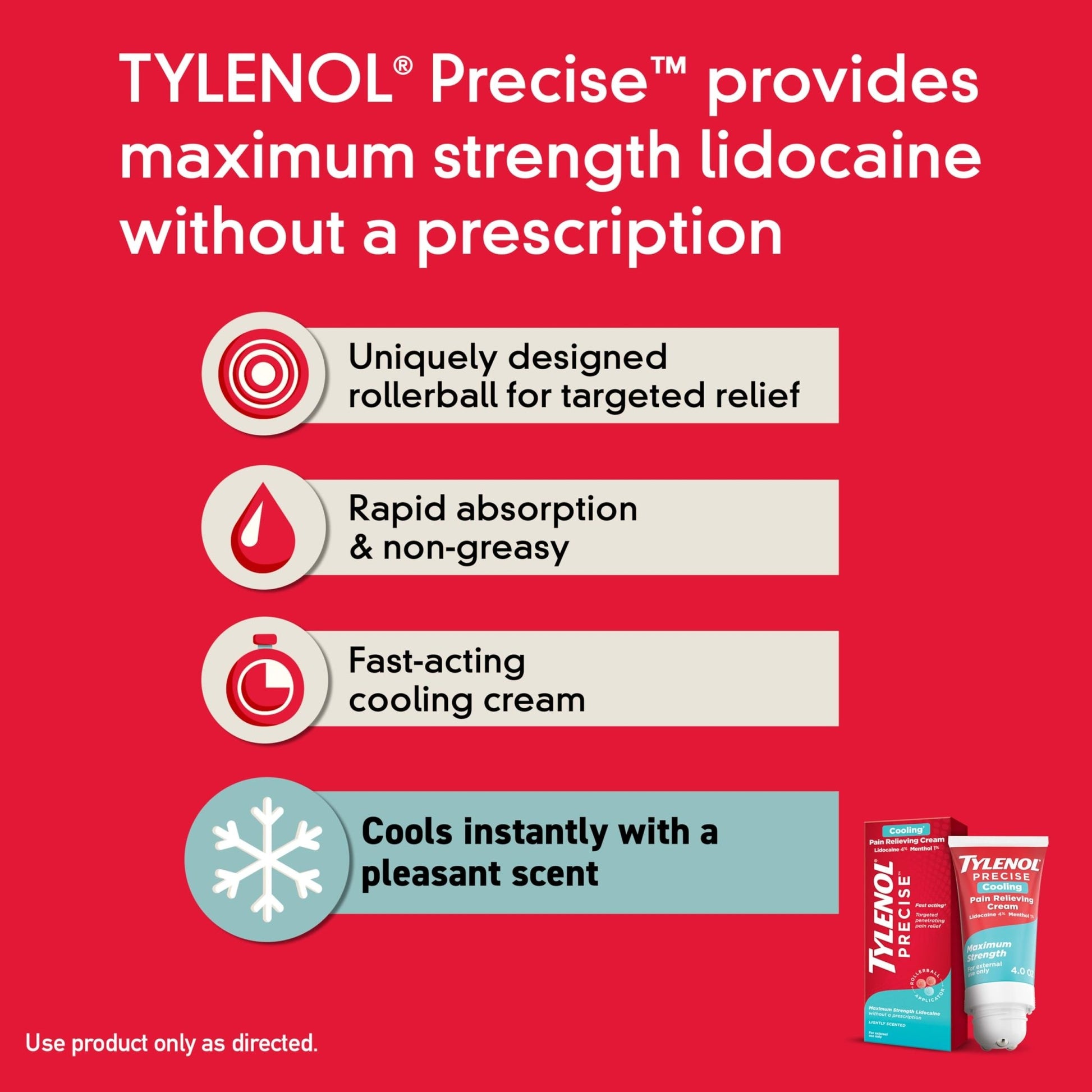 Tylenol Precise Cream, Cooling Sensation Pain Relief, Roll‑On, Lidocaine 4%, Menthol 1%, Targeted Maximum OTC Strength Combination for Back, Muscle and Joint, Numbing Cream Rollerball Applicator, 4 oz - dailyvitalstore