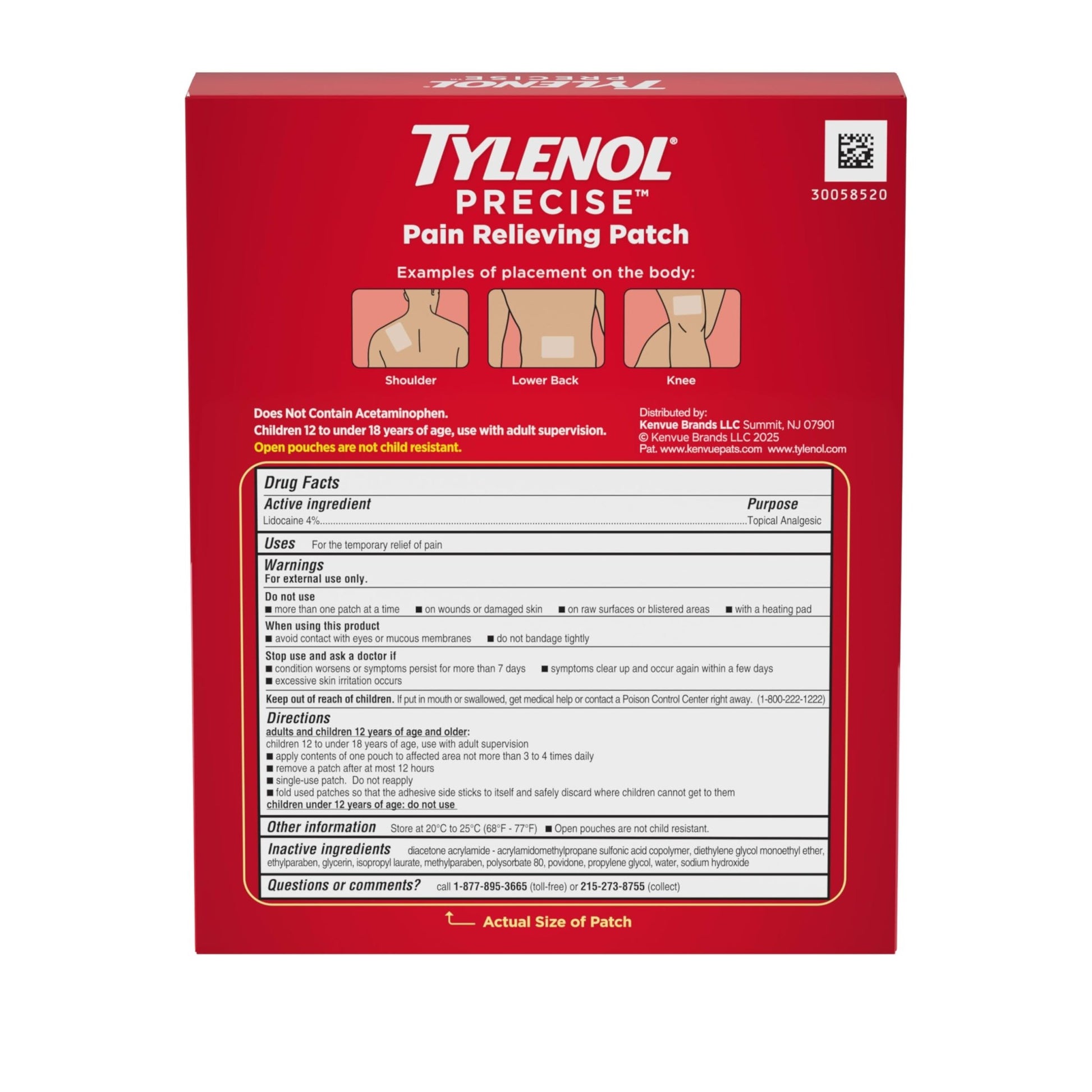 Tylenol Precise Pain Relieving Patches, Large Topical Analgesic Patches + Maximum OTC Strength Lidocaine Penetrates, Targeted Relief Ideal for Shoulder, Back & Knee Pain, Unscented, 4 ct - dailyvitalstore