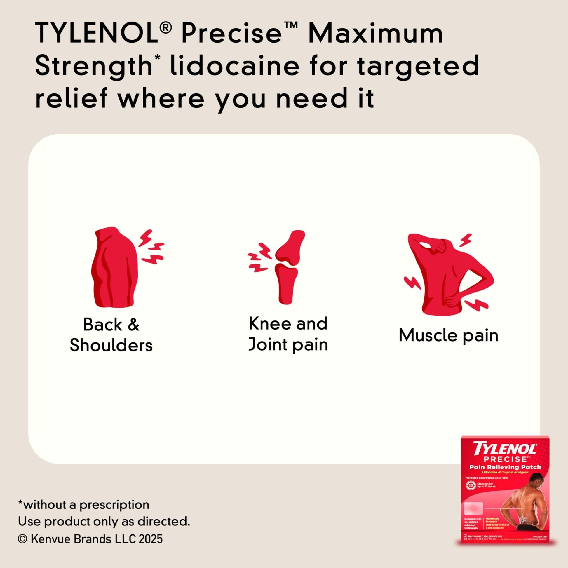 Tylenol Precise Pain Relieving Patches, Large Topical Analgesic Patches + Maximum OTC Strength Lidocaine Penetrates, Targeted Relief Ideal for Shoulder, Back & Knee Pain, Unscented, 4 ct - dailyvitalstore