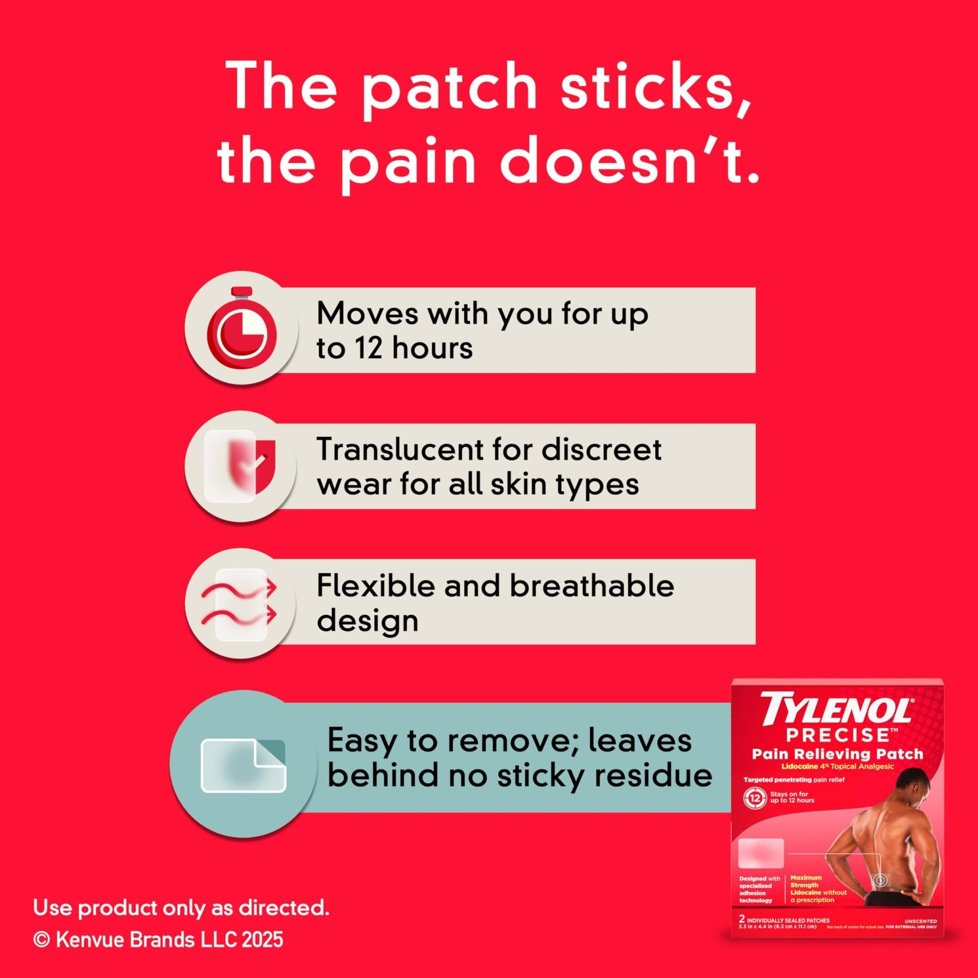 Tylenol Precise Pain Relieving Patches, Large Topical Analgesic Patches + Maximum OTC Strength Lidocaine Penetrates, Targeted Relief Ideal for Shoulder, Back & Knee Pain, Unscented, 4 ct - dailyvitalstore