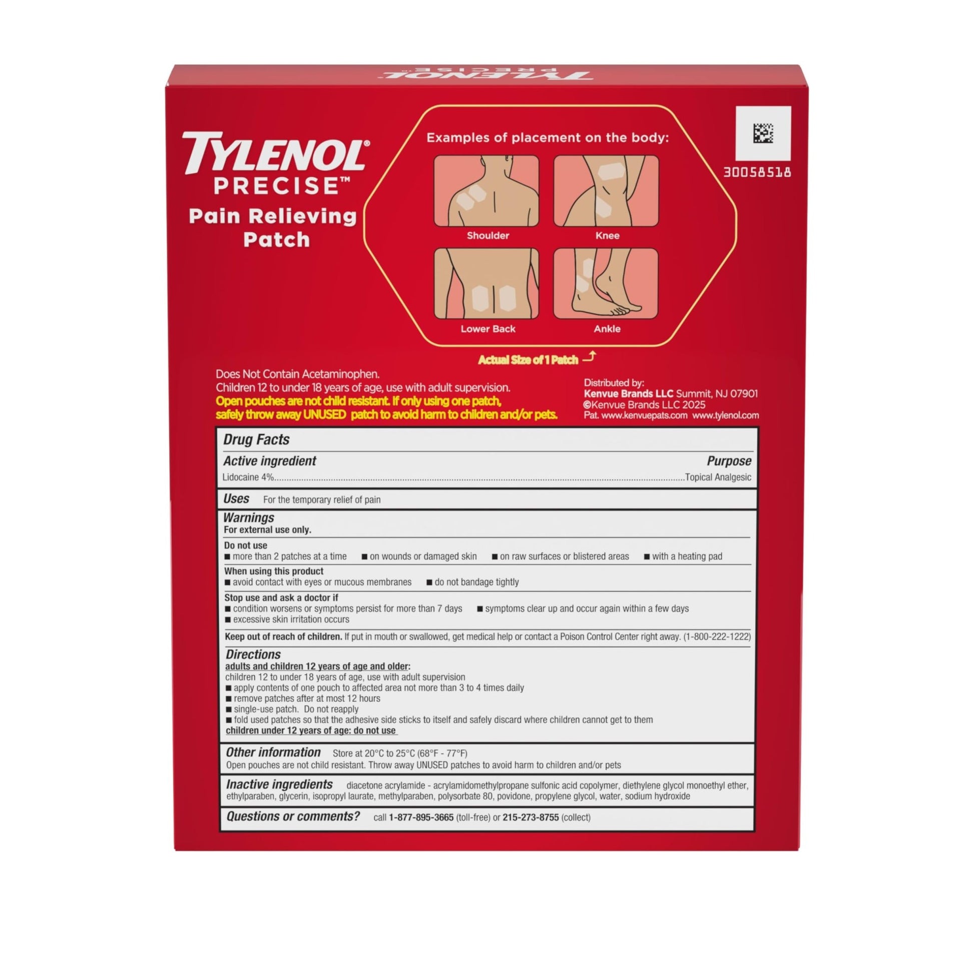 Tylenol Precise Pain Relieving Patches, Topical Analgesic Patches + Maximum OTC Strength Lidocaine Penetrates, Targeted Relief Ideal for Shoulder, Back & Knee Pain, Unscented, 3 x 2 ct - dailyvitalstore