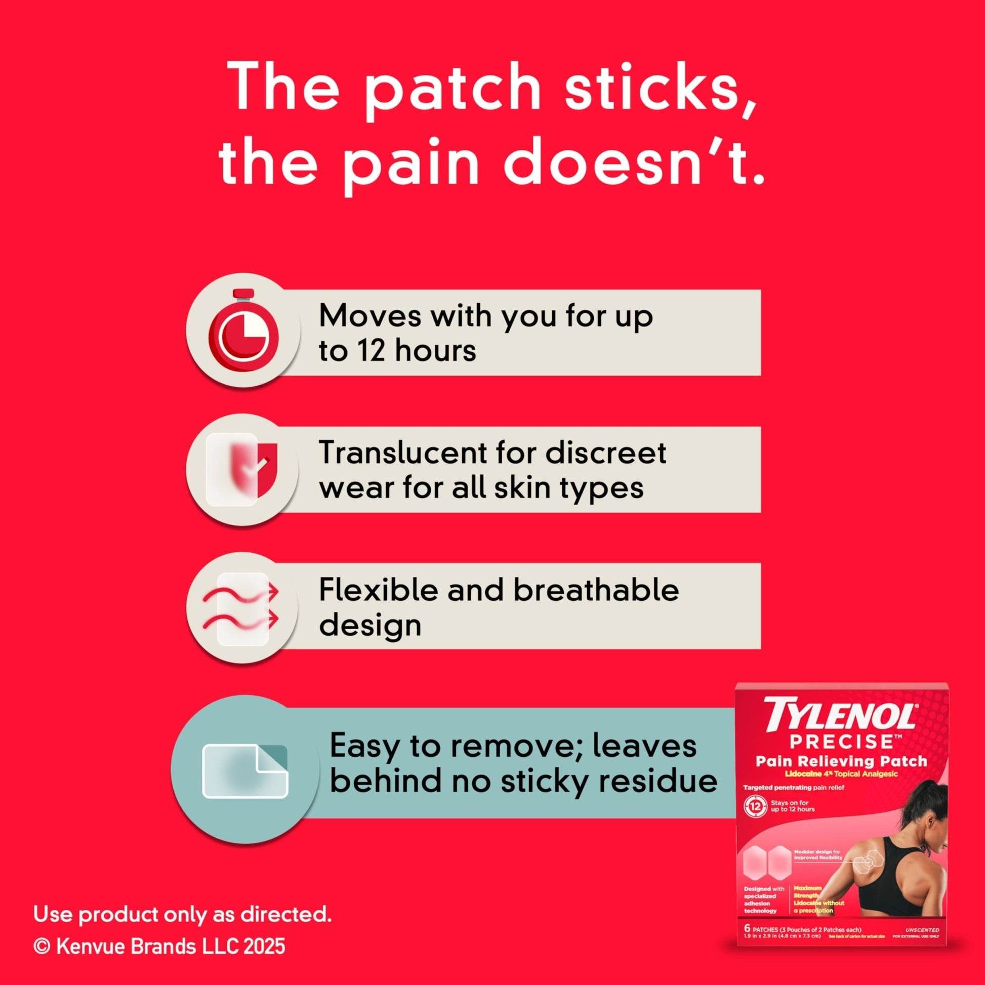 Tylenol Precise Pain Relieving Patches, Topical Analgesic Patches + Maximum OTC Strength Lidocaine Penetrates, Targeted Relief Ideal for Shoulder, Back & Knee Pain, Unscented, 3 x 2 ct - dailyvitalstore