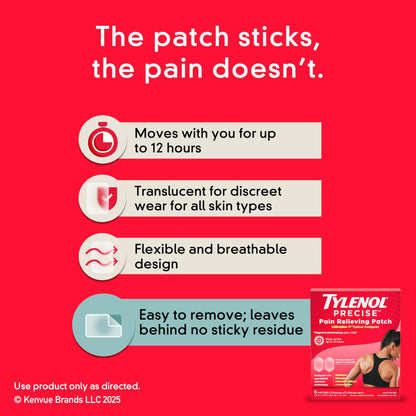 Tylenol Precise Pain Relieving Patches, Topical Analgesic Patches + Maximum OTC Strength Lidocaine Penetrates, Targeted Relief Ideal for Shoulder, Back & Knee Pain, Unscented, 3 x 2 ct - dailyvitalstore