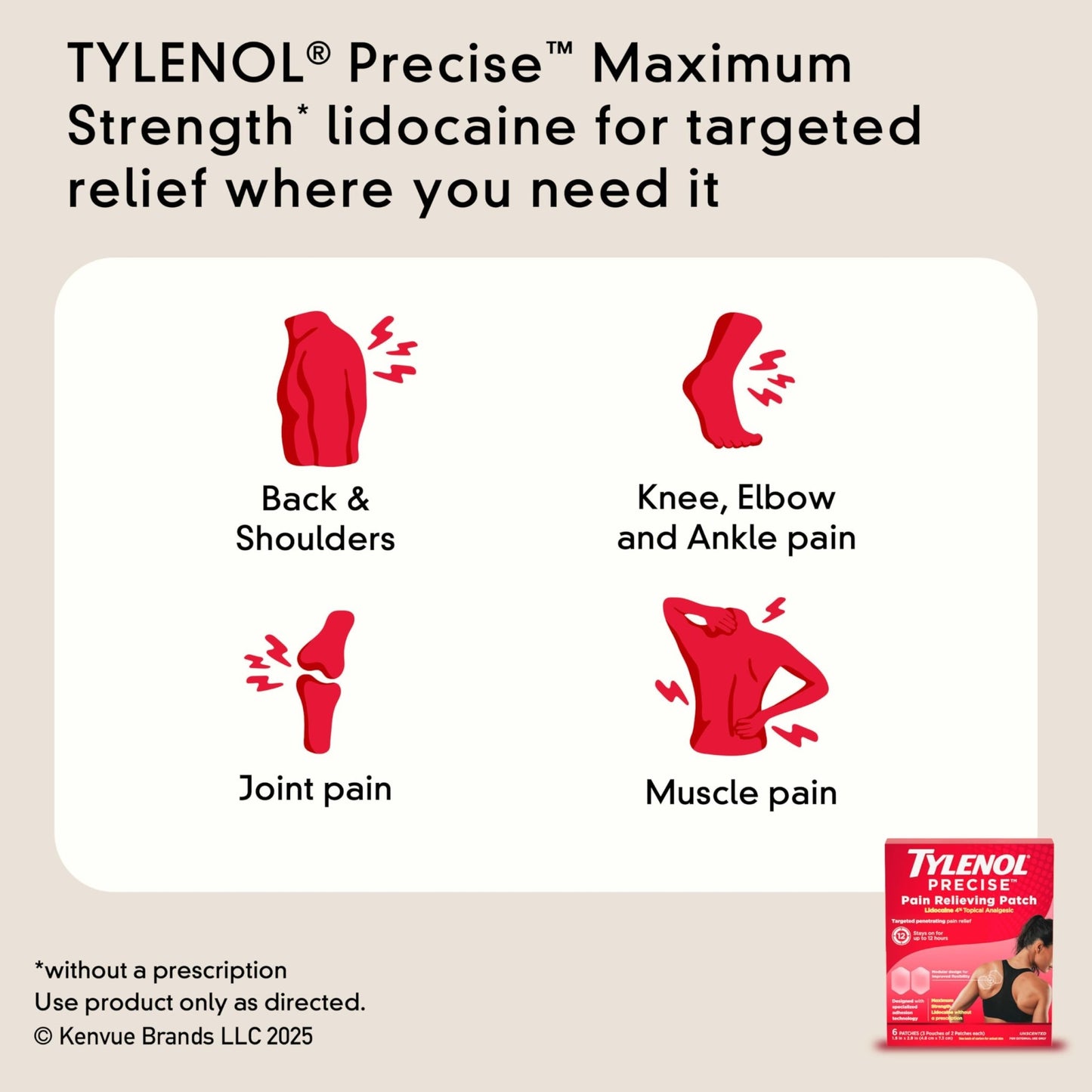 Tylenol Precise Pain Relieving Patches, Topical Analgesic Patches + Maximum OTC Strength Lidocaine Penetrates, Targeted Relief Ideal for Shoulder, Back & Knee Pain, Unscented, 3 x 2 ct - dailyvitalstore