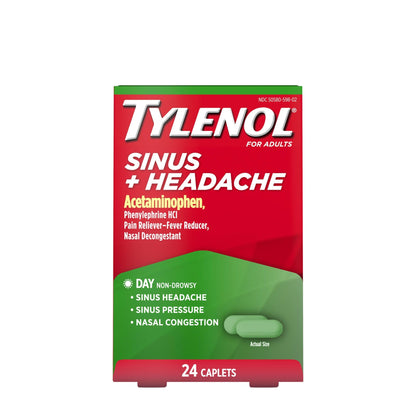 Tylenol Sinus + Headache Daytime Non-Drowsy Relief Caplets, Acetaminophen 325mg, Phenylephrine HCI 5mg, Nasal Decongestant for Sinus Pain, Headache & Nasal Congestion Relief, Fever Reduction, 24 Count - dailyvitalstore