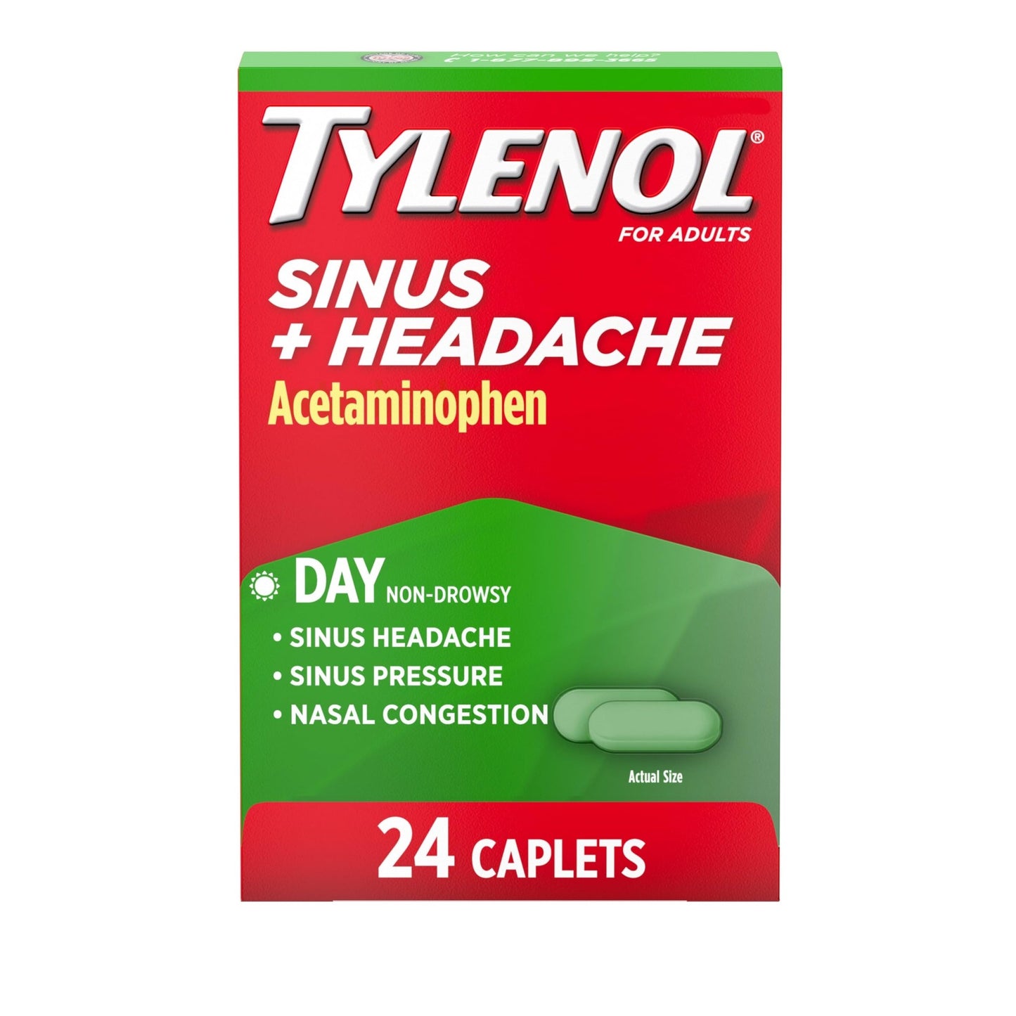 Tylenol Sinus + Headache Daytime Non-Drowsy Relief Caplets, Acetaminophen 325mg, Phenylephrine HCI 5mg, Nasal Decongestant for Sinus Pain, Headache & Nasal Congestion Relief, Fever Reduction, 24 Count - dailyvitalstore