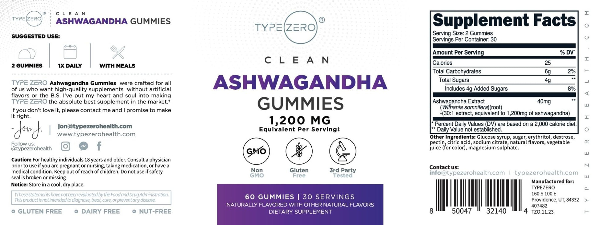 Type Zero Ashwagandha Gummies 60 Gummies for 30 Servings Per Bottle - Ashwagandha Herbal Extract Supplement, Gluten Free, GMO Free - dailyvitalstore