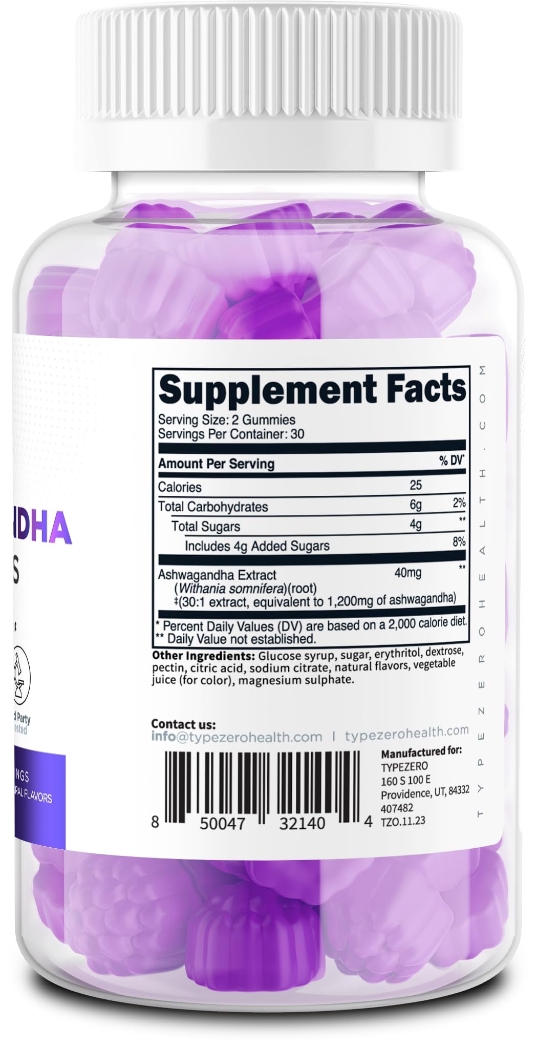 Type Zero Ashwagandha Gummies 60 Gummies for 30 Servings Per Bottle - Ashwagandha Herbal Extract Supplement, Gluten Free, GMO Free - dailyvitalstore