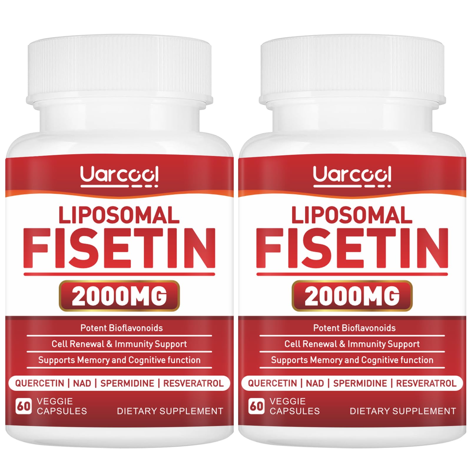 Uarcool Fisetin Supplement 2000mg for Healthy Aging and Longevity, Skin Health, Brain - Soy Free, Vegetarian - 60 Softgels(2 Bottles) - dailyvitalstore