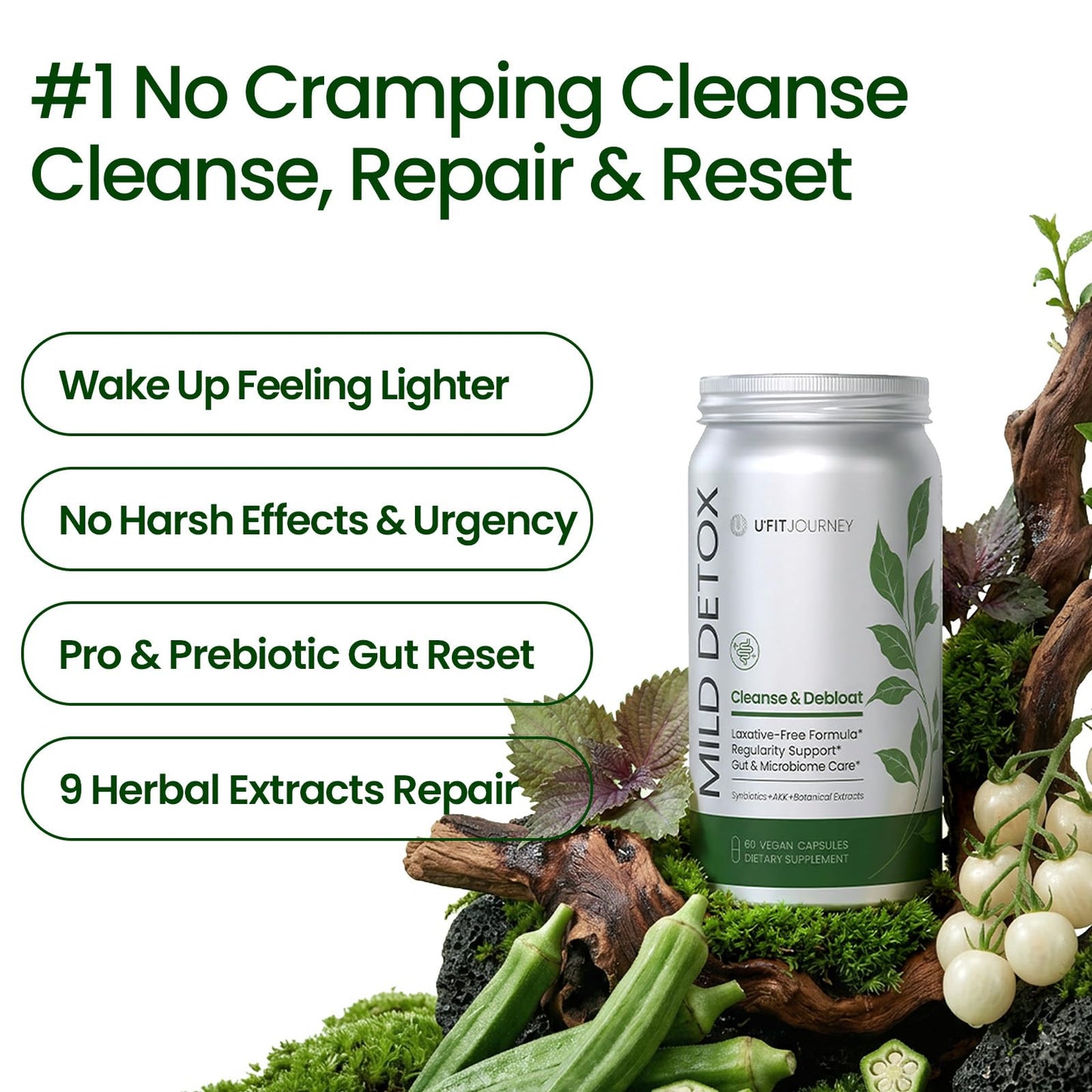 U+FITJOURNEY Mild Detox 12-in-1 Senna-Free Gut & Colon Cleanse - Non-Stimulant Overnight Constipation Relief & Debloat for Women & Men with Prebiotic - dailyvitalstore