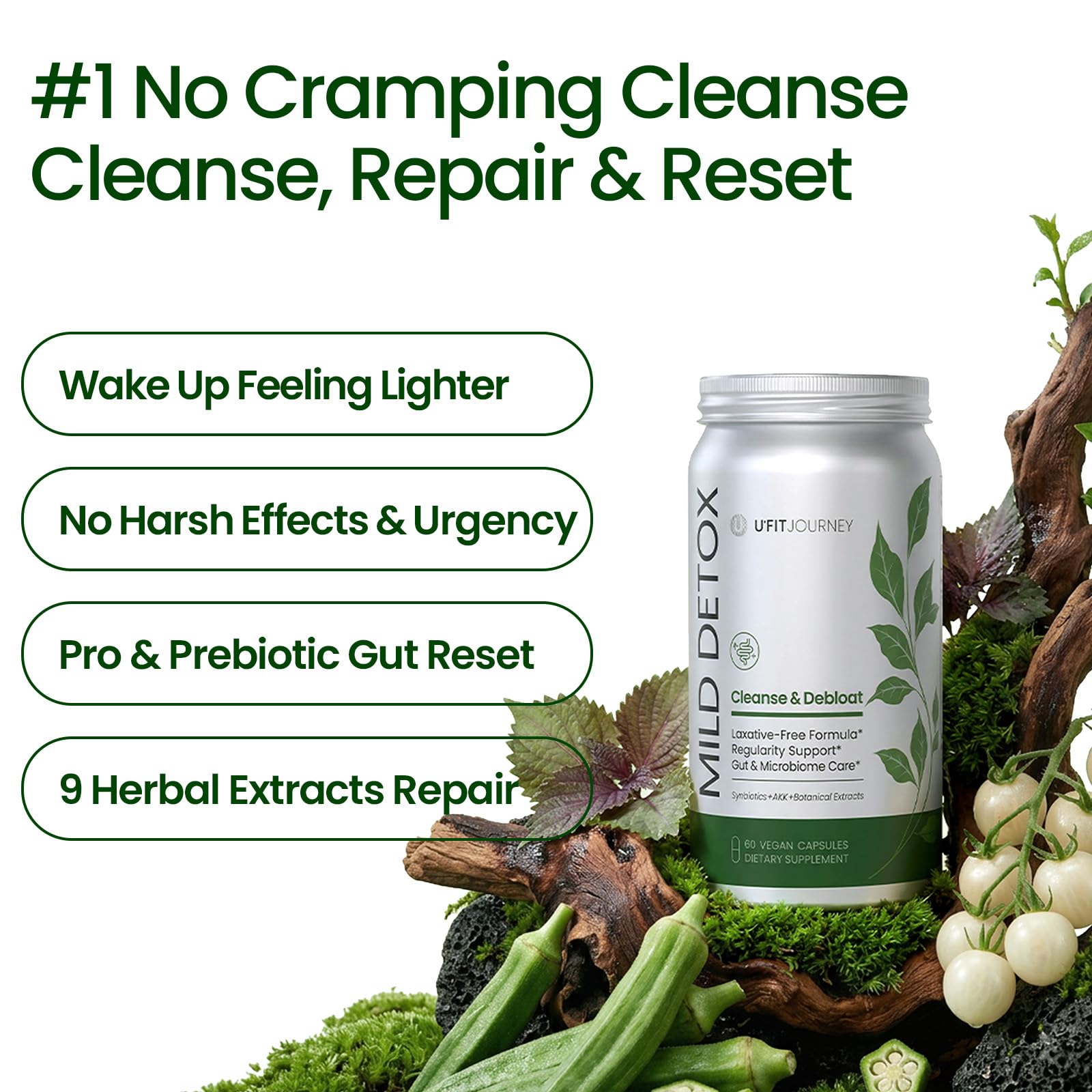U+FITJOURNEY Mild Detox 12-in-1 Senna-Free Gut & Colon Cleanse - Non-Stimulant Overnight Constipation Relief & Debloat for Women & Men with Prebiotic - dailyvitalstore