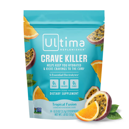 Ultima Replenisher Crave Killer Supplement and Electrolytes Powder – Tropical Fusion, 14 Stickpacks – Hydration Packets that Kick Cravings to The Curb - dailyvitalstore