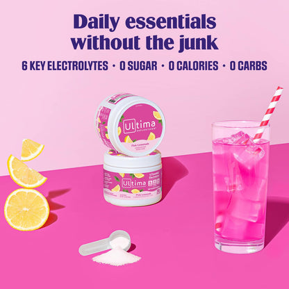 Ultima Replenisher Daily Electrolyte Powder Drink Mix – Pink Lemonade, 30 Servings Canister – Zero Sugar Hydration Powder with 6 Electrolytes & Minerals - dailyvitalstore
