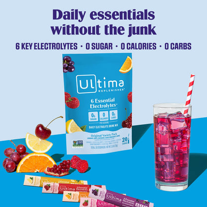 Ultima Replenisher Daily Electrolyte Powder – Original Variety Pack, 20 Stickpacks – Zero Sugar Hydration Packets with 6 Electrolytes and Minerals – Sugar Free - dailyvitalstore