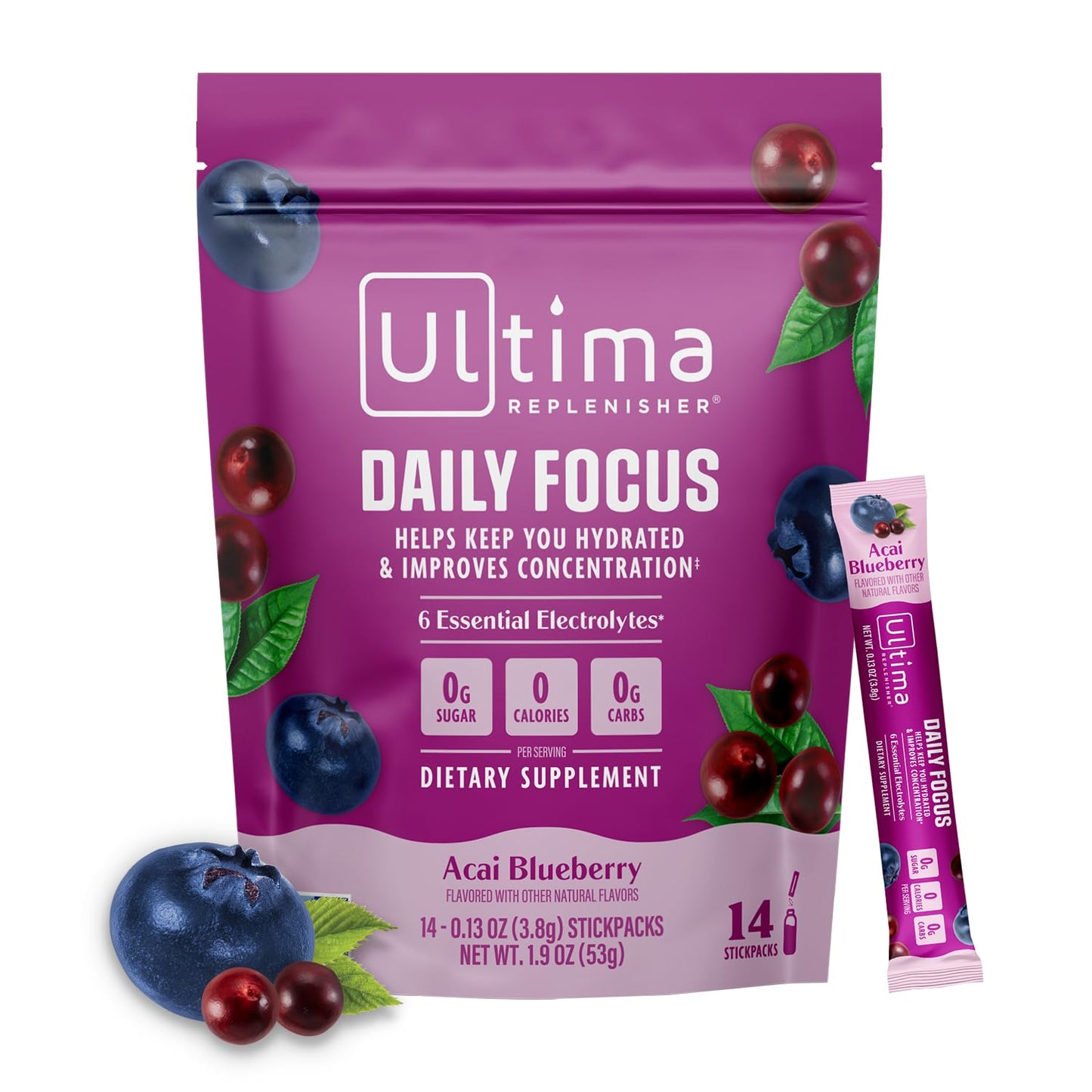 Ultima Replenisher Daily Focus Supplement & Electrolytes Powder - Acai Blueberry, 14 Stickpacks - Hydration Packets, 60mg Caffeine from Green Tea Extract & L-Theanine - dailyvitalstore