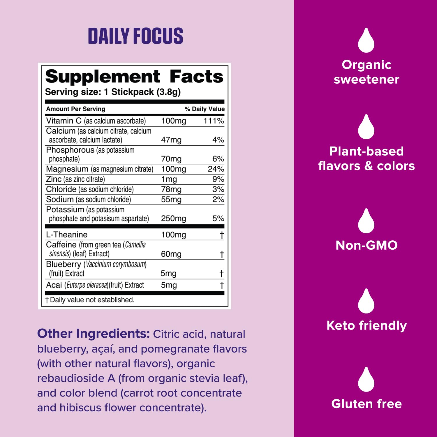 Ultima Replenisher Daily Focus Supplement & Electrolytes Powder - Acai Blueberry, 14 Stickpacks - Hydration Packets, 60mg Caffeine from Green Tea Extract & L-Theanine - dailyvitalstore