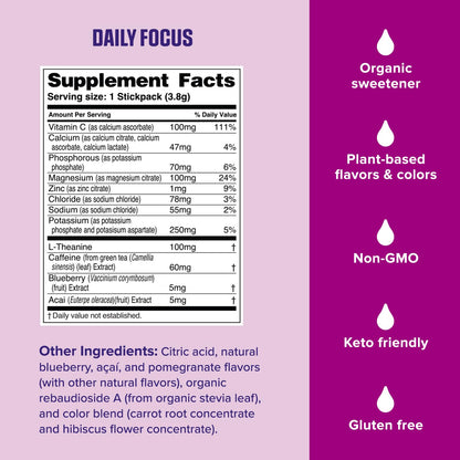 Ultima Replenisher Daily Focus Supplement & Electrolytes Powder - Acai Blueberry, 14 Stickpacks - Hydration Packets, 60mg Caffeine from Green Tea Extract & L-Theanine - dailyvitalstore