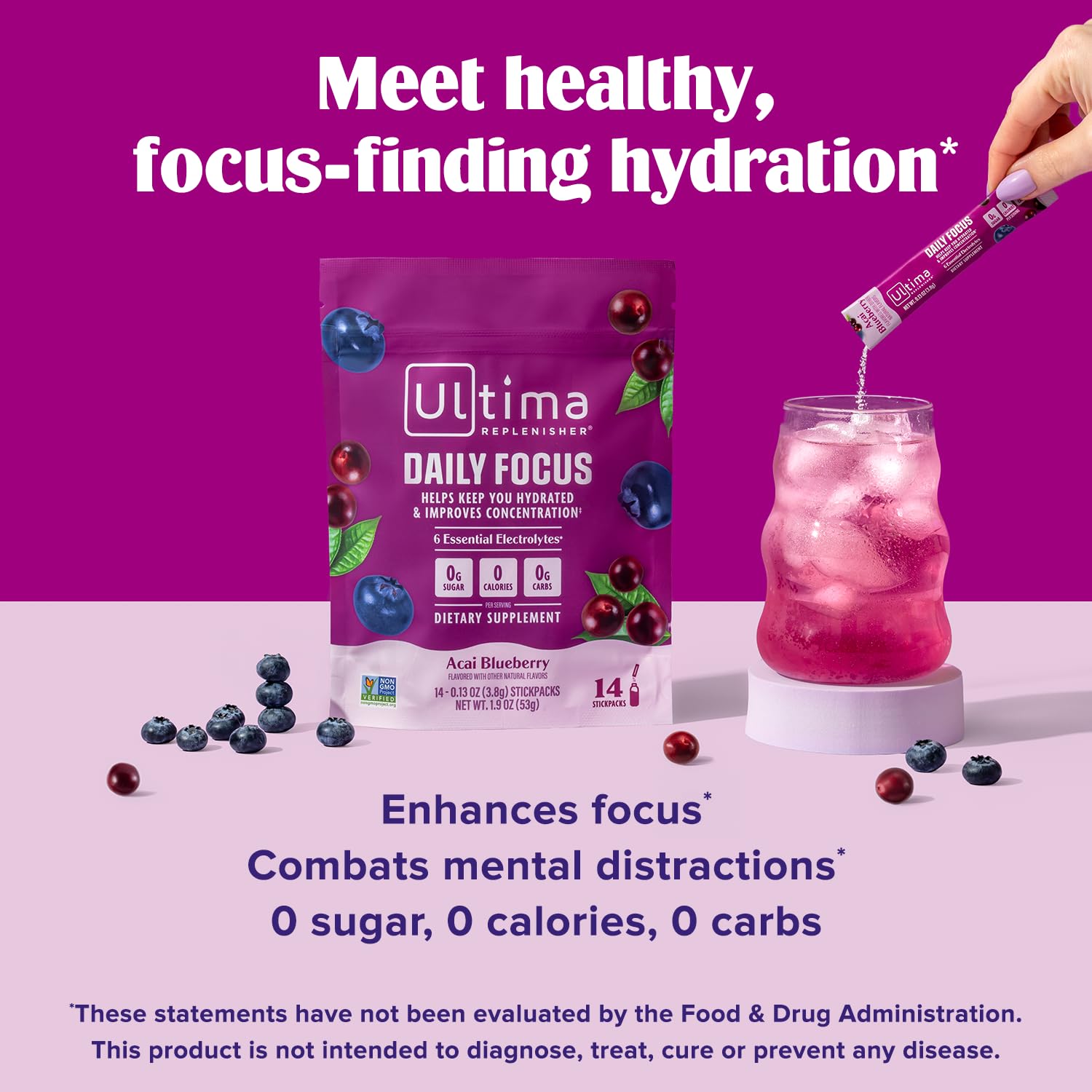 Ultima Replenisher Daily Focus Supplement & Electrolytes Powder - Acai Blueberry, 14 Stickpacks - Hydration Packets, 60mg Caffeine from Green Tea Extract & L-Theanine - dailyvitalstore