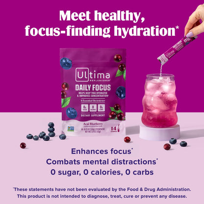 Ultima Replenisher Daily Focus Supplement & Electrolytes Powder - Acai Blueberry, 14 Stickpacks - Hydration Packets, 60mg Caffeine from Green Tea Extract & L-Theanine - dailyvitalstore