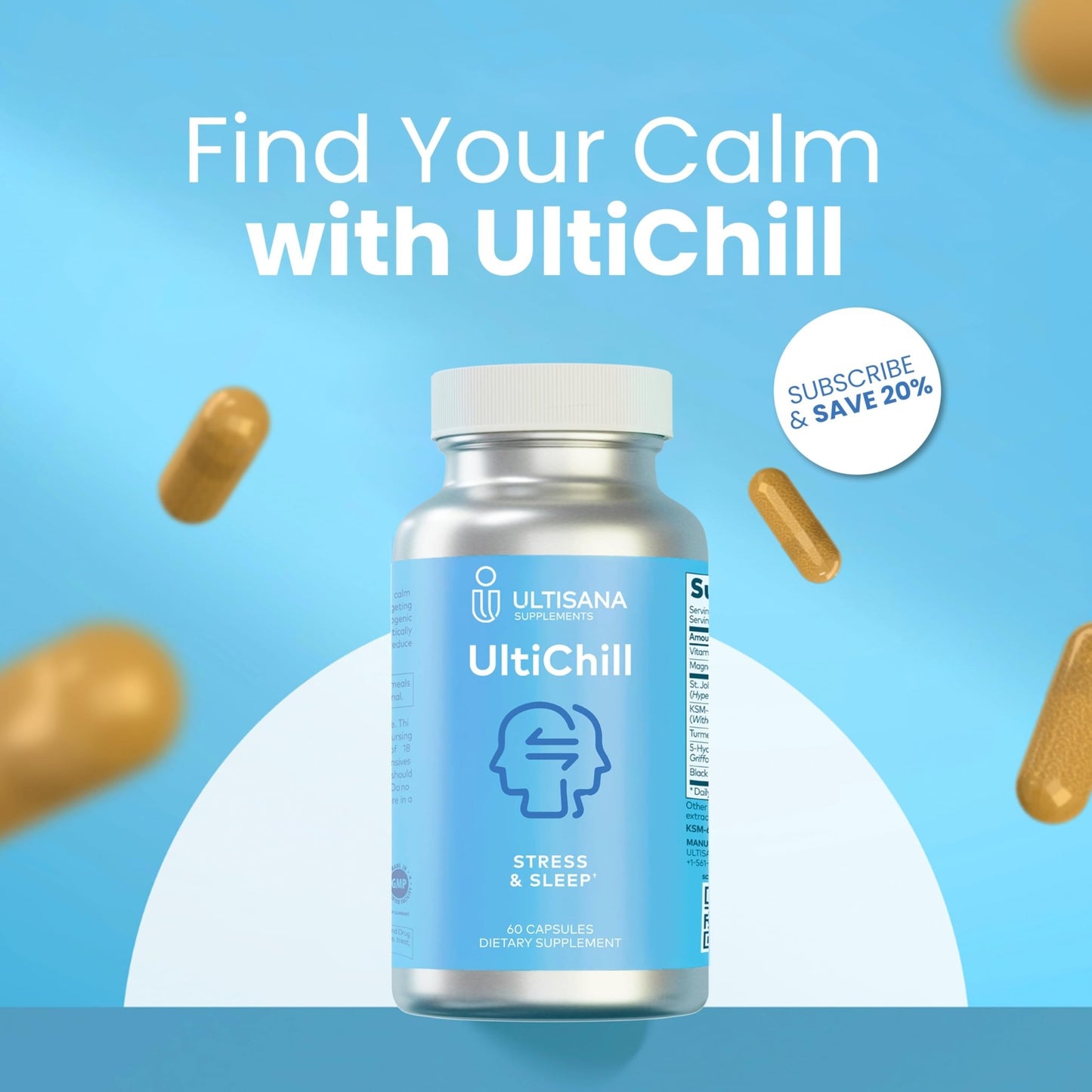 Ultisana UltiChill Stress Relief Supplement, Non-Drowsy | for Enhanced Mood, Immune Booster & Sleep Support | Magnesium Glycinate, Vitamin B6, KSM-66 Ashwagandha, Turmeric & 5-HTP | Non-GMO, 60 Count - dailyvitalstore