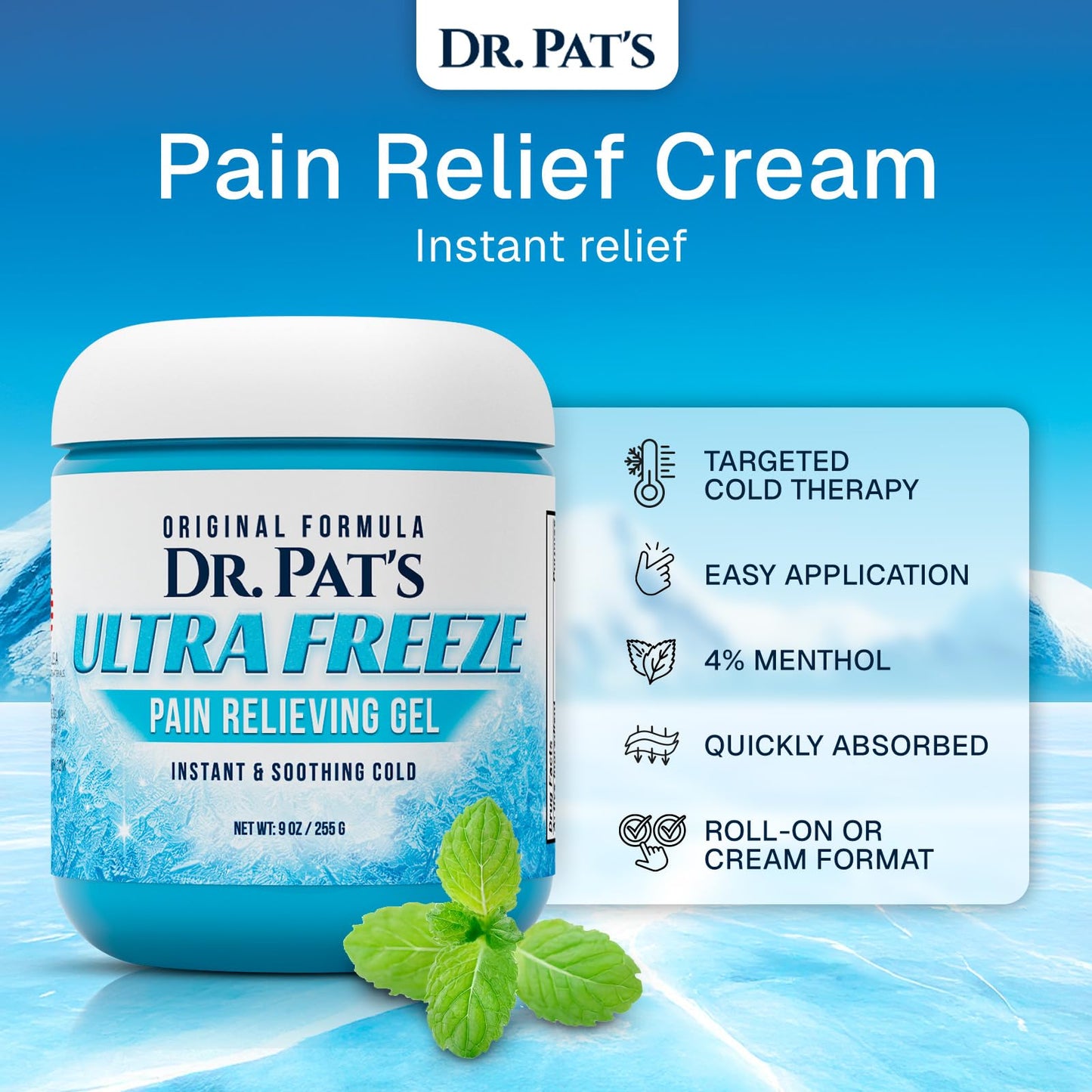 Ultra Freeze Dr Pat's Pain Relief Cream (9oz) - Muscle Rub Gel for Arthritis, Neuropathy, Foot & Joint - Cooling Sports Massage for Back, Shoulder & Knee - Menthol Analgesic for Neck & Body - dailyvitalstore