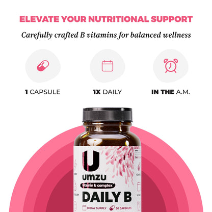 UMZU Daily B, 30 Day Supply – Complete Vitamin B Complex Supplement Blend with B1, B2, B3, B5, B6, B7, B9 & B12 Plus Folic Acid & Biotin – Supports Energy, Focus, Mood, - dailyvitalstore
