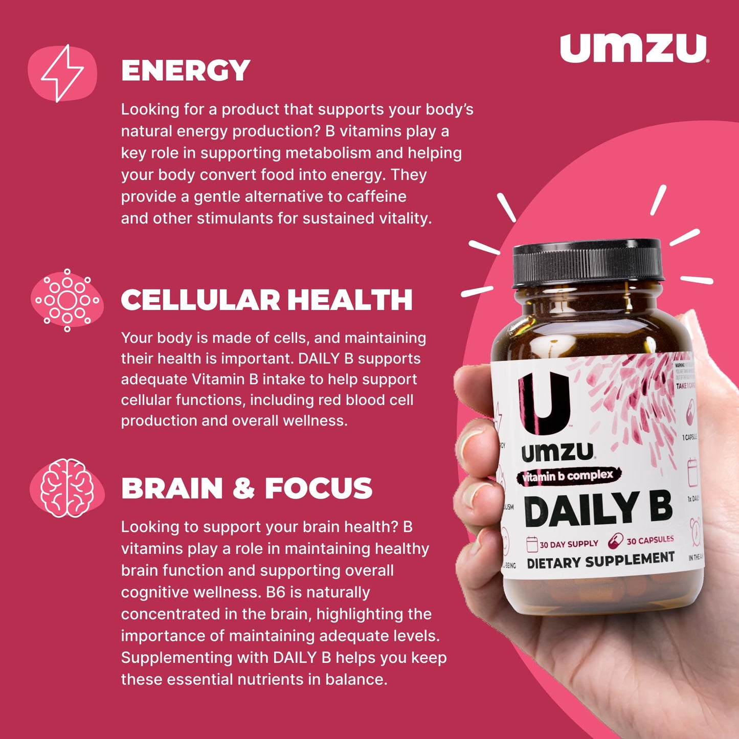 UMZU Daily B, 30 Day Supply – Complete Vitamin B Complex Supplement Blend with B1, B2, B3, B5, B6, B7, B9 & B12 Plus Folic Acid & Biotin – Supports Energy, Focus, Mood, - dailyvitalstore