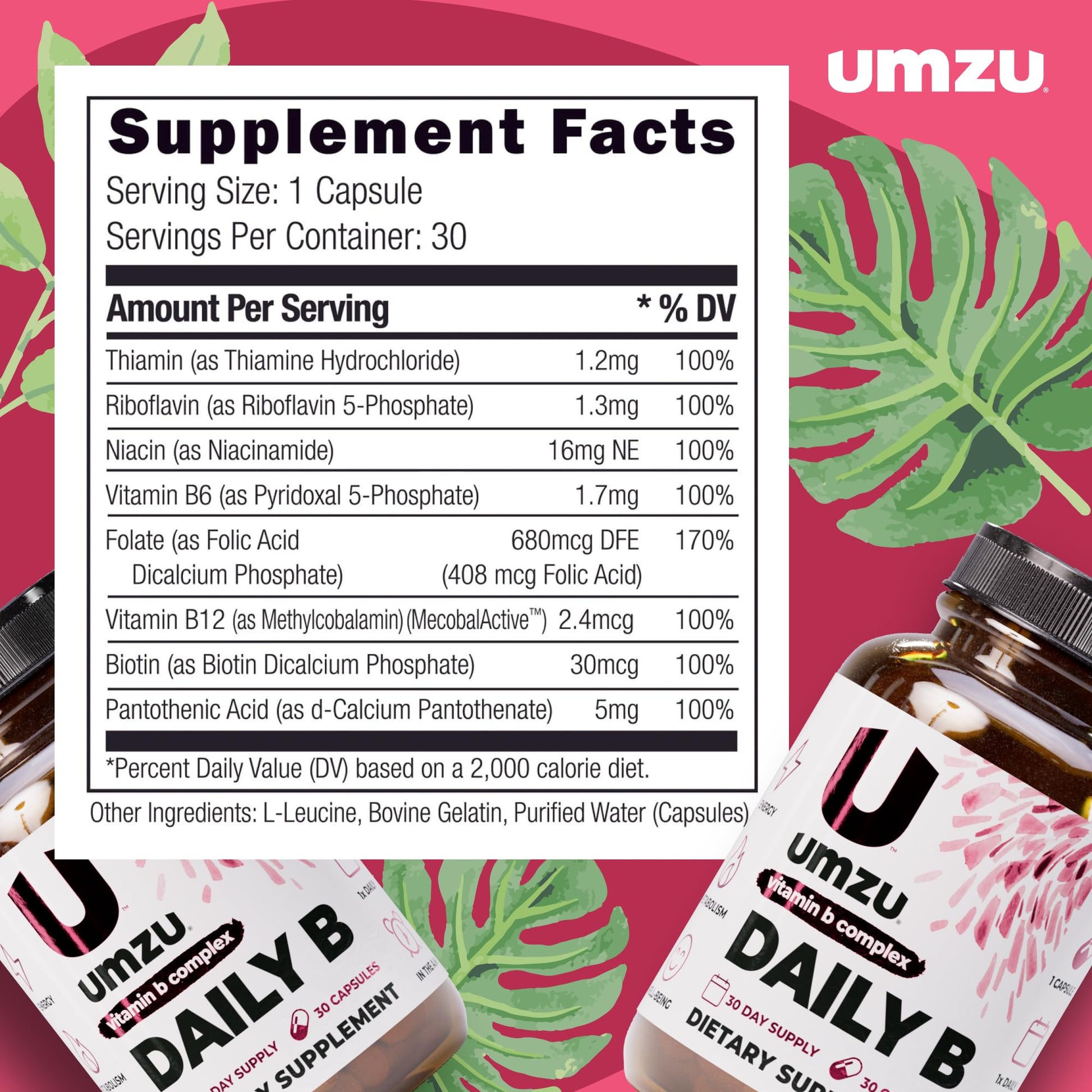 UMZU Daily B, 30 Day Supply – Complete Vitamin B Complex Supplement Blend with B1, B2, B3, B5, B6, B7, B9 & B12 Plus Folic Acid & Biotin – Supports Energy, Focus, Mood, - dailyvitalstore