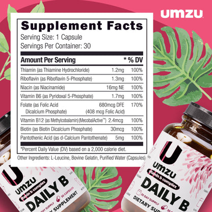 UMZU Daily B, 30 Day Supply – Complete Vitamin B Complex Supplement Blend with B1, B2, B3, B5, B6, B7, B9 & B12 Plus Folic Acid & Biotin – Supports Energy, Focus, Mood, - dailyvitalstore